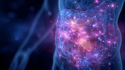 Intricate Human Intestine: Glowing Nebula-like Microbiome, 3D Medical Illustration