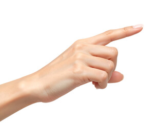 Close up of a woman s hand with index finger pointing upwards and to the right isolated on transparent background