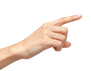 Close up of a woman s hand with index finger pointing upwards and to the right isolated on transparent background