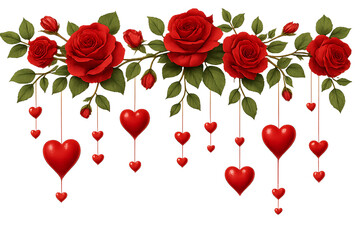 Romantic red roses and heart shaped balloons on transparent background