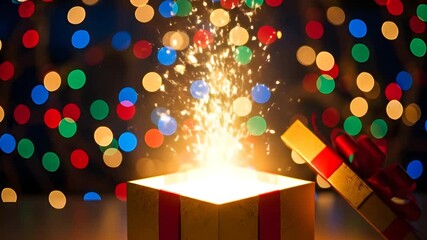 Gift box opening with light burst festive background - Powered by Adobe