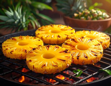 Grilled pineapple slices arranged on a hot grill