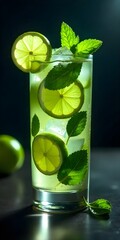 A refreshing classic mojito cocktail with mint leaves, lime wedges, and ice cubes
