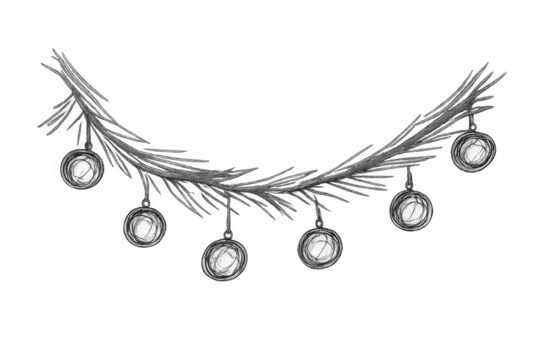 Christmas garland sketch with pine branches and hanging ornaments, celebrating winter holidays and season greetings - Powered by Adobe