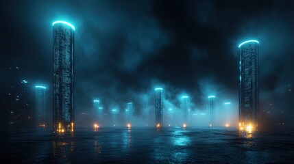 Obraz premium Exploring the Illuminated Urban Landscape: A City Transformed By Night's Radiance and Biotech Advancements