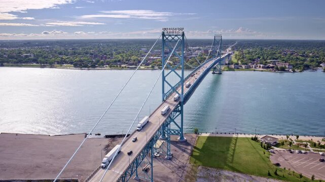 Cinematic aerial view showcasing the international bridge between Canada and the U.S.
