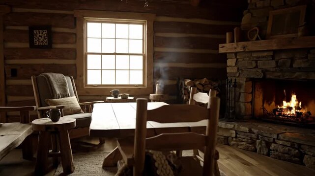 A cozy log cabin interior features a fireplace, wooden furniture, and a window with natural light, creating a warm, inviting atmosphere