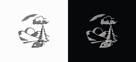 Minimal mountain and pine logo in line art style, representing nature, peace, and outdoor adventure in black and white version