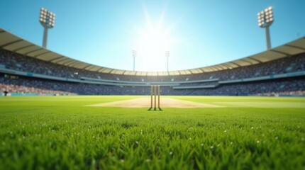 Empty cricket stadium with wickets and green grass under a clear blue sky