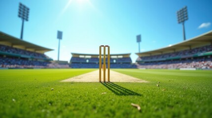 Empty cricket stadium with wickets and green grass under a clear blue sky
