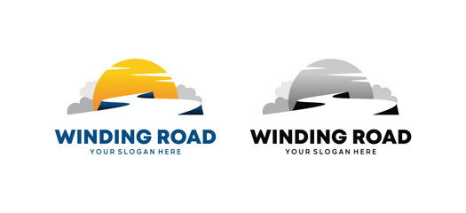 Outdoor adventure logo with winding road and sun, symbolizing travel, journey, and freedom with a modern and minimal style