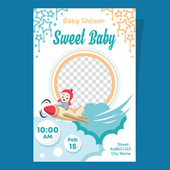 Playful baby shower design with airplane and baby illustration, featuring a photo frame.  Ideal for invitations or baby announcement posts