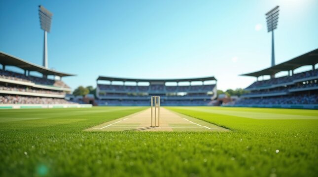 Empty cricket stadium with wickets and green grass under a clear blue sky