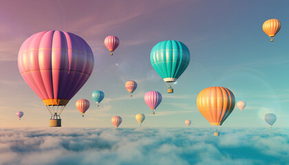 Naklejka premium Hot air balloons float above clouds in a colorful sky.