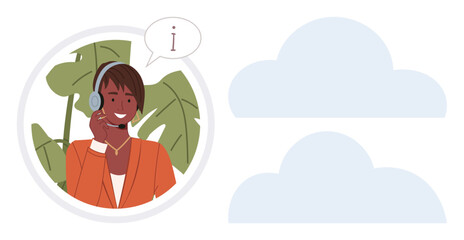 Customer support agent smiling with headphones and microphone, speech bubble emphasizes communication. Ideal for client service, teamwork, online help, consultation, communication, business, simple