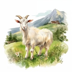 Obraz premium Happy goat standing in a lush green meadow with mountains in the background