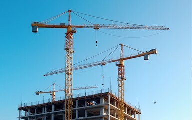building cranes at the construction site on blue sky background. High quality
