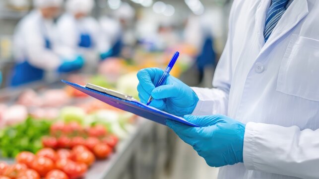 Quality inspectors wearing gloves use a whiteboard to record the fresh vegetables and fruits they inspect and prepare for sale. This embodies the concepts of food safety inspection, grocery store mana