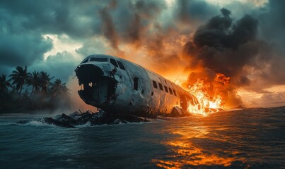 Dramatic depiction of a plane crash on an island, symbolizing emergency response and aviation accidents. A critical moment of survival and rescue during a crisis, conveying urgency, Generative AI