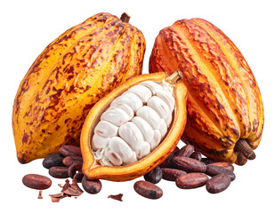 Fresh cacao pods and beans with one pod cut open revealing white pulp and seeds isolated on transparent background