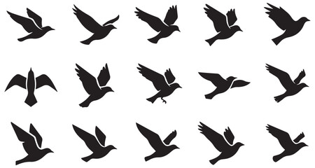 Flock of flying birds shape set collection pack black icon silhouette vector flat illustration design on white background