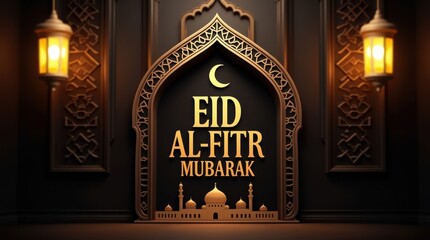 Elegant eid al fitr mubarak greeting with crescent moon and mosque illustration