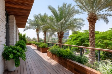 Modern patio deck with palm trees and planters