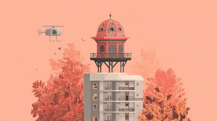 Surreal Autumn Scene: Helicopter, Ornate Pavilion atop Modern Building, Pastel Palette