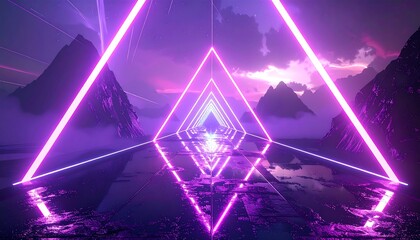 Neon triangles tunnel toward distant light, reflected on a surface beneath mountain silhouettes at dusk/dawn