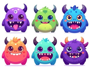 Obraz premium Six cartoonish monsters with varying colors and expressions