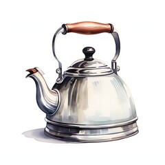 Vintage metal kettle with wooden handle, watercolor illustration