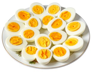 Plate of halved hard-boiled eggs with bright yellow yolks