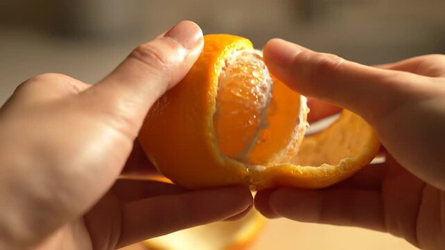 Close-up of hands peeling a vibrant orange citrus fruit, segments exposed, with segments partially freed