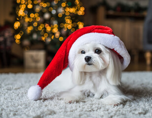 A white dog wearing a Santa hat in front of a Christmas tree.