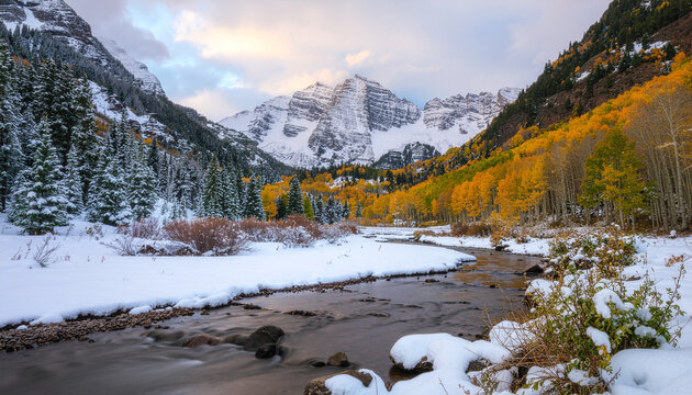 The iconic snow-capped Maroon Bells mountains overlook a snowy meadow and stream. Vibrant yellow aspen trees line the valley, showing a transition from autumn to winter.