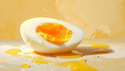 A halved, hard-boiled egg with a bright orange yolk sits on a surface, surrounded by spilled yolk.