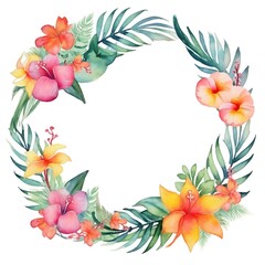 Obraz premium Watercolor tropical wreath with hibiscus and palm leaves