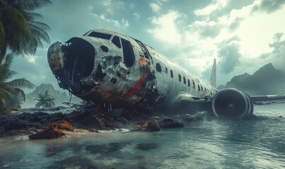 Dramatic depiction of a plane crash on an island, symbolizing emergency response and aviation accidents. A critical moment of survival and rescue during a crisis, conveying urgency, Generative AI