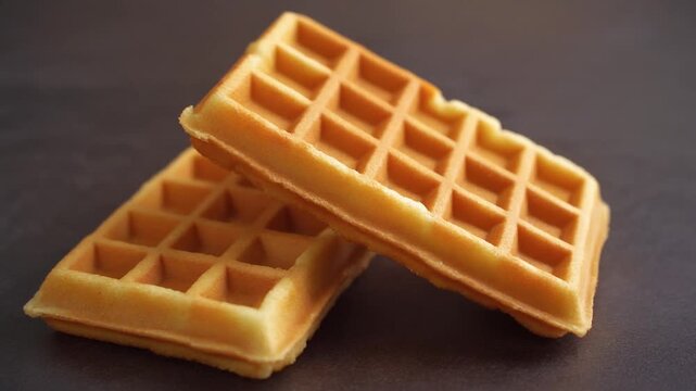 Delicious golden waffles stacked on a dark surface, perfect for breakfast or dessert.