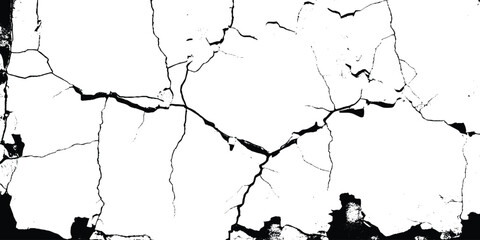 Vector group of black branch grunge cracks isolated on white background. Broken and grated urban street wall construction