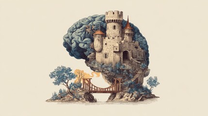 Intricate engraved illustration: a medieval castle nestled within a human brain, connected by a suspension bridge to a tranquil landscape.
