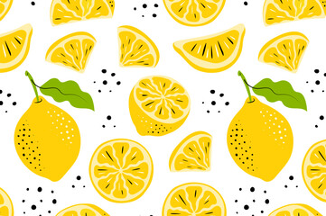 Lemon Fruits Pattern on White Background. Seamless Citrus Vector Illustration