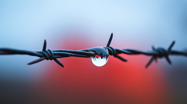Macro shot: Water droplet clings to barbed wire, showcasing refraction. Sharp focus on the droplet against a blurred red and blue backdrop creates a striking contrast.