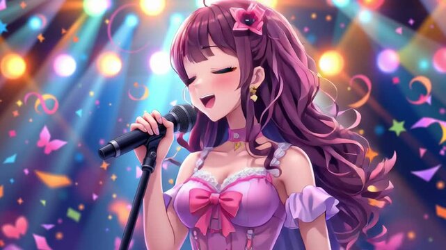 Cute pop singer stage performing with microphone colorful spotlight, energetic pop concert performance with confetti, enthusiastic singer smiling