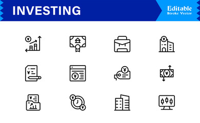 Investing line icon set with professional, modern, minimal designs featuring unique financial symbols, stock market elements, and clean vector style for premium digital projects