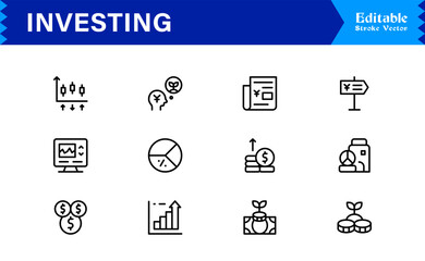 Investing line icon set with professional, modern, minimal designs featuring unique financial symbols, stock market elements, and clean vector style for premium digital projects