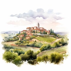 Fototapeta premium Picturesque village nestled on a hilltop overlooking vineyards