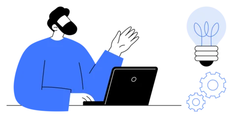 Gordijnen Bibliotheek Person presenting ideas near a laptop as a glowing lightbulb and gears symbolize creativity and teamwork. Ideal for innovation, business communication, technology, brainstorming, education  © robu_s