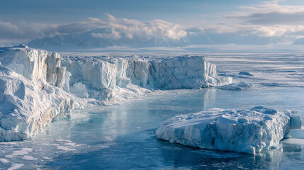 Aerial view of ice cliffs and ice floes in a polar region under a cloudy blue sky landscape