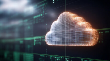 Digital cloud icon with glowing edges against a dark background, representing online storage and data management.